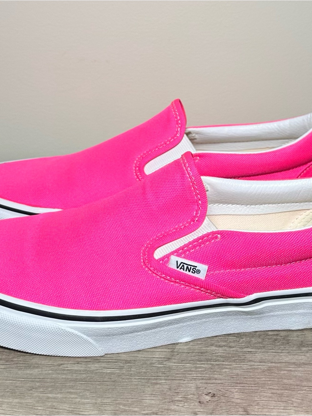 Vans Slip-On Canvas Sneakers in Neon Pink and White